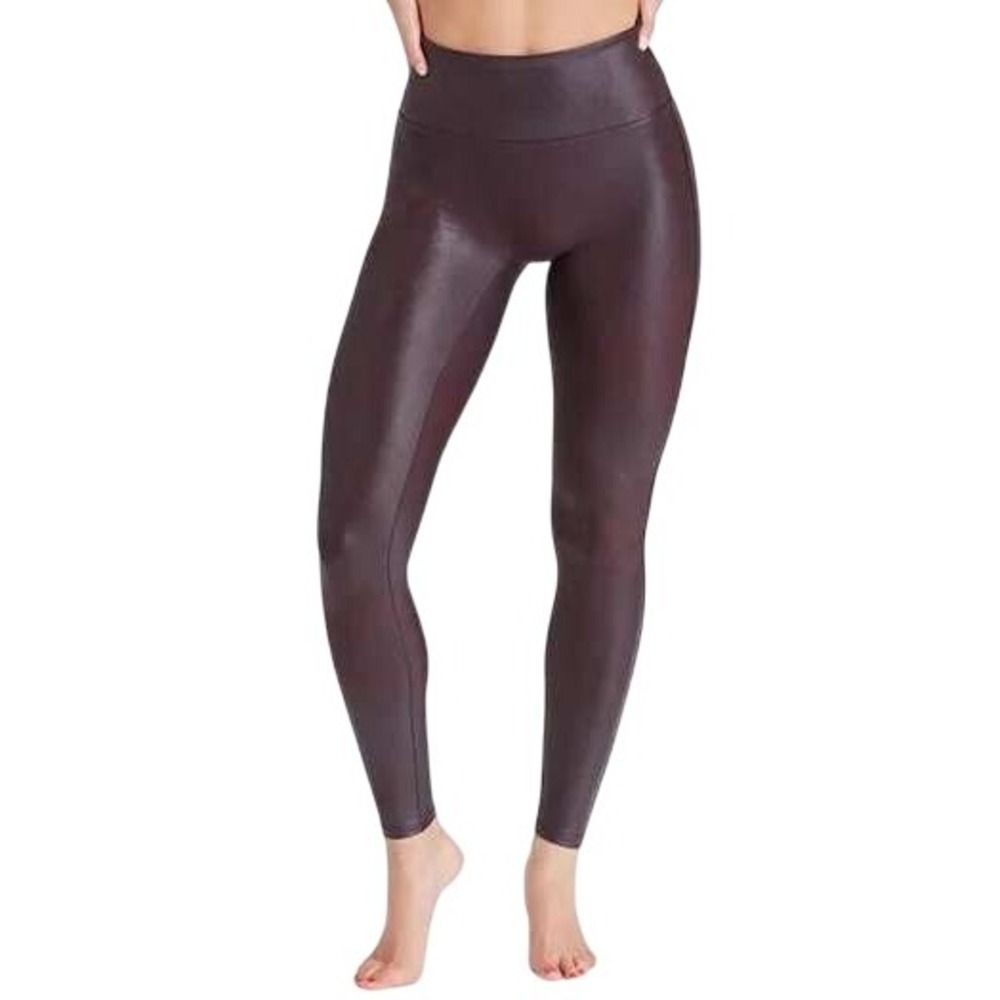 SPANX Faux Leather Leggings Size Medium High Waist Tummy Control Eggplant Purple